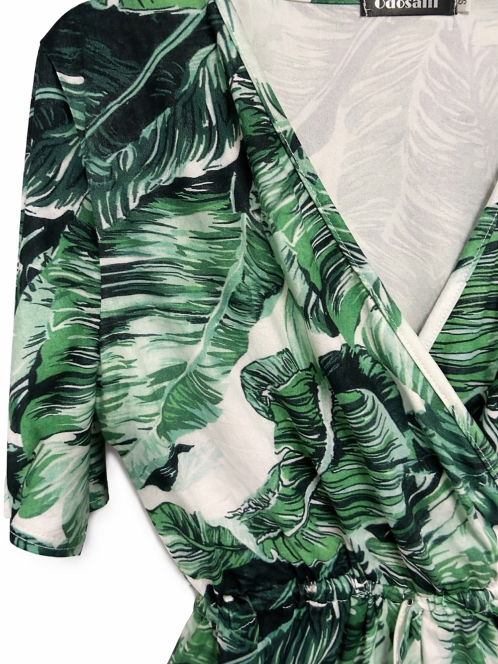 Tropical Palm Leaf Romper 🌿 Green White Wrap Tie Waist Vacation Summer Small - Picture 4 of 5